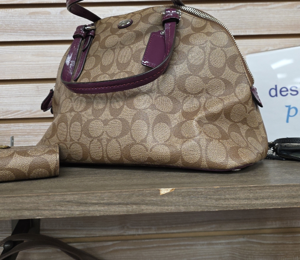 Coach Signature Satchel in Tan and Purple Purse .. With Wallet